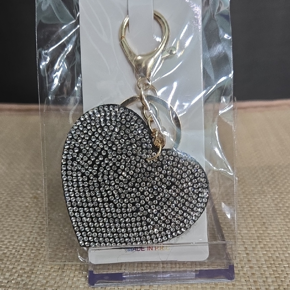 Heart-Shaped Crystal Key & Card Holder - Black with Gold Hardware